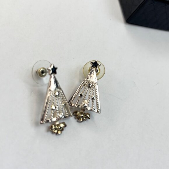 Silver & gold toned Christmas Tree Dangle Earrings With Star & Crystal Accents I - Picture 5 of 6